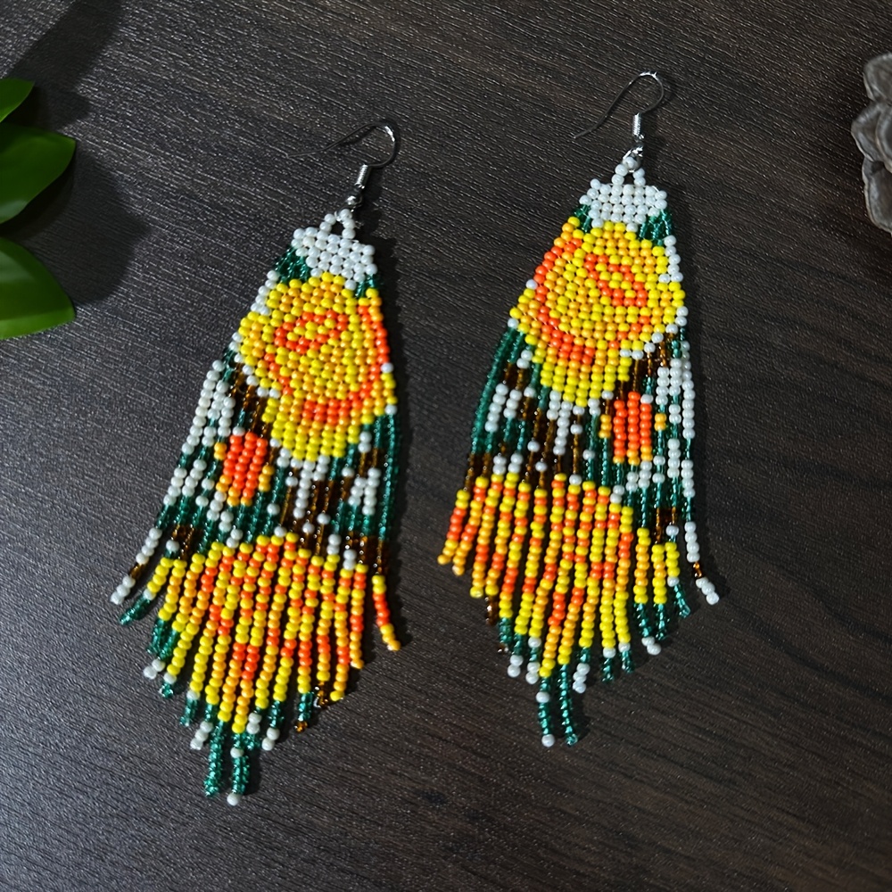 Elegant Handmade Flower Beaded Tassel Drop Earrings for Women